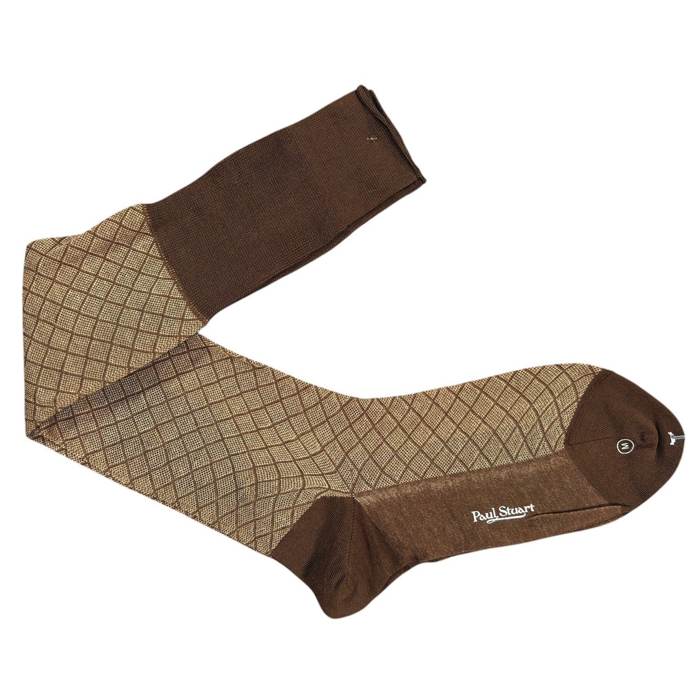 Paul Stuart Socks Mens M Brown Grid 100% Cotton Over the Calf Italy NWT